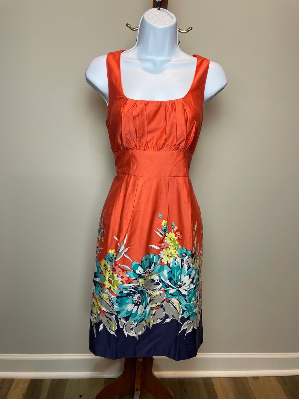 Spense Dress Size 6 Orange Cotton Blend Sleeveless Square Neck Midi Floral Hem
